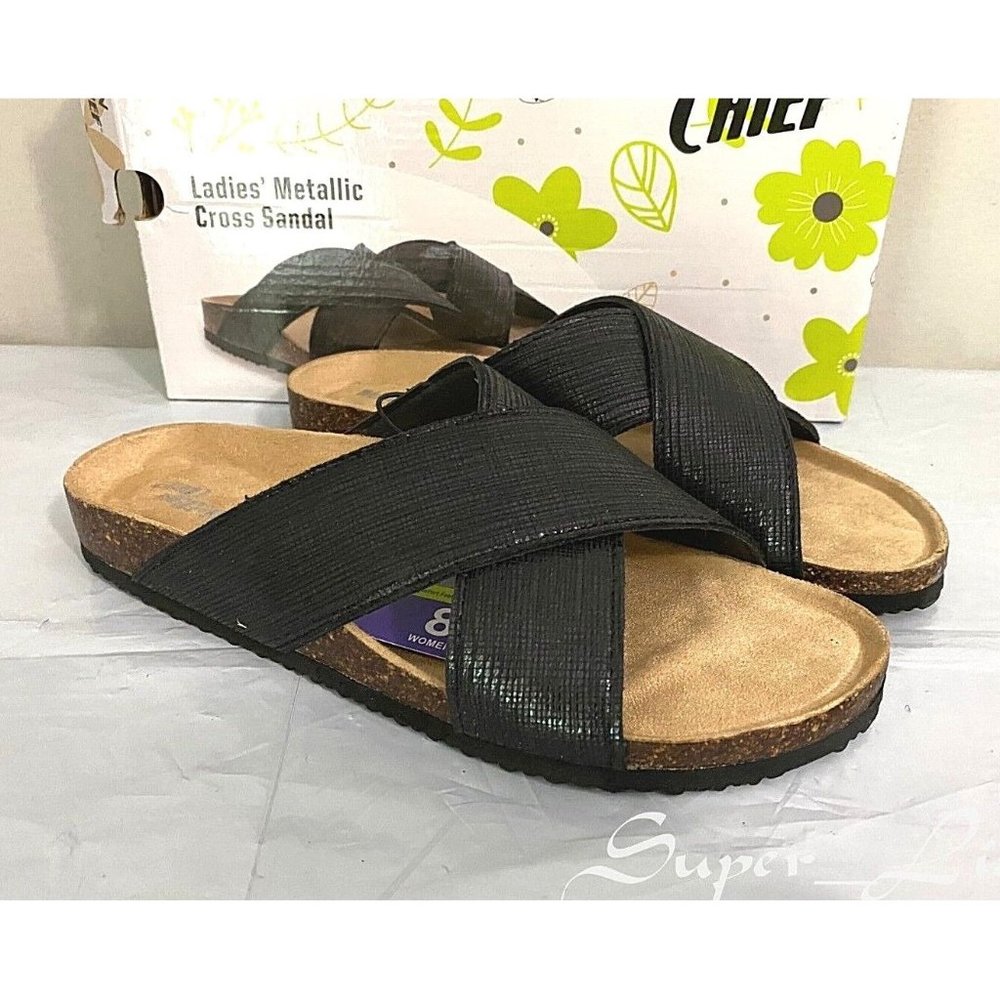 NEW Western Chief Women's Metallic Cross Sandals BLACK